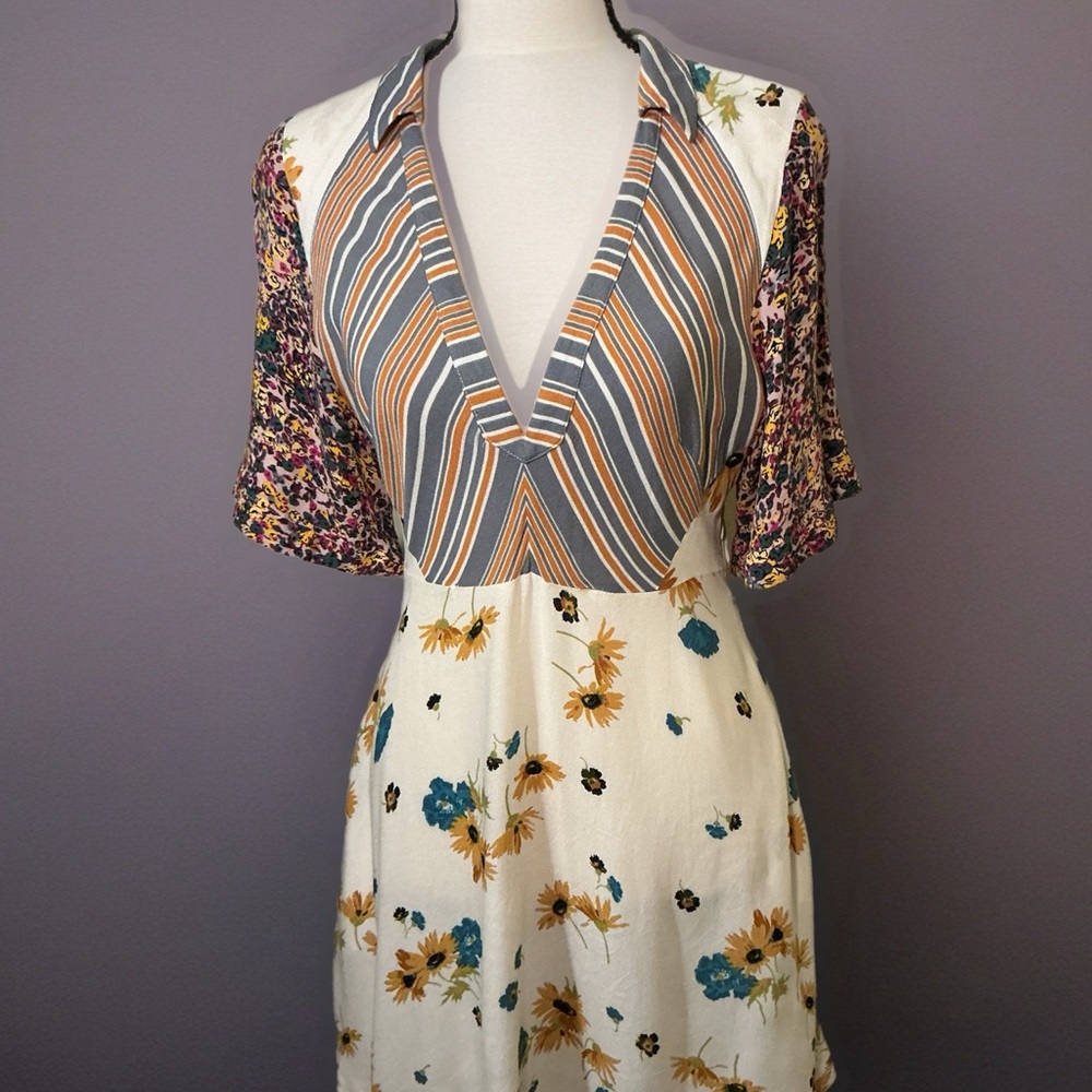 Free People Mixed Print Mini Dress Floral Stripped V Neck Pockets XS